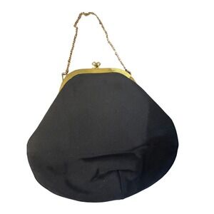 Vintage JR USA Black Fabric Evening Bag Gold Tone Kiss Lock Chain Strap Clutch